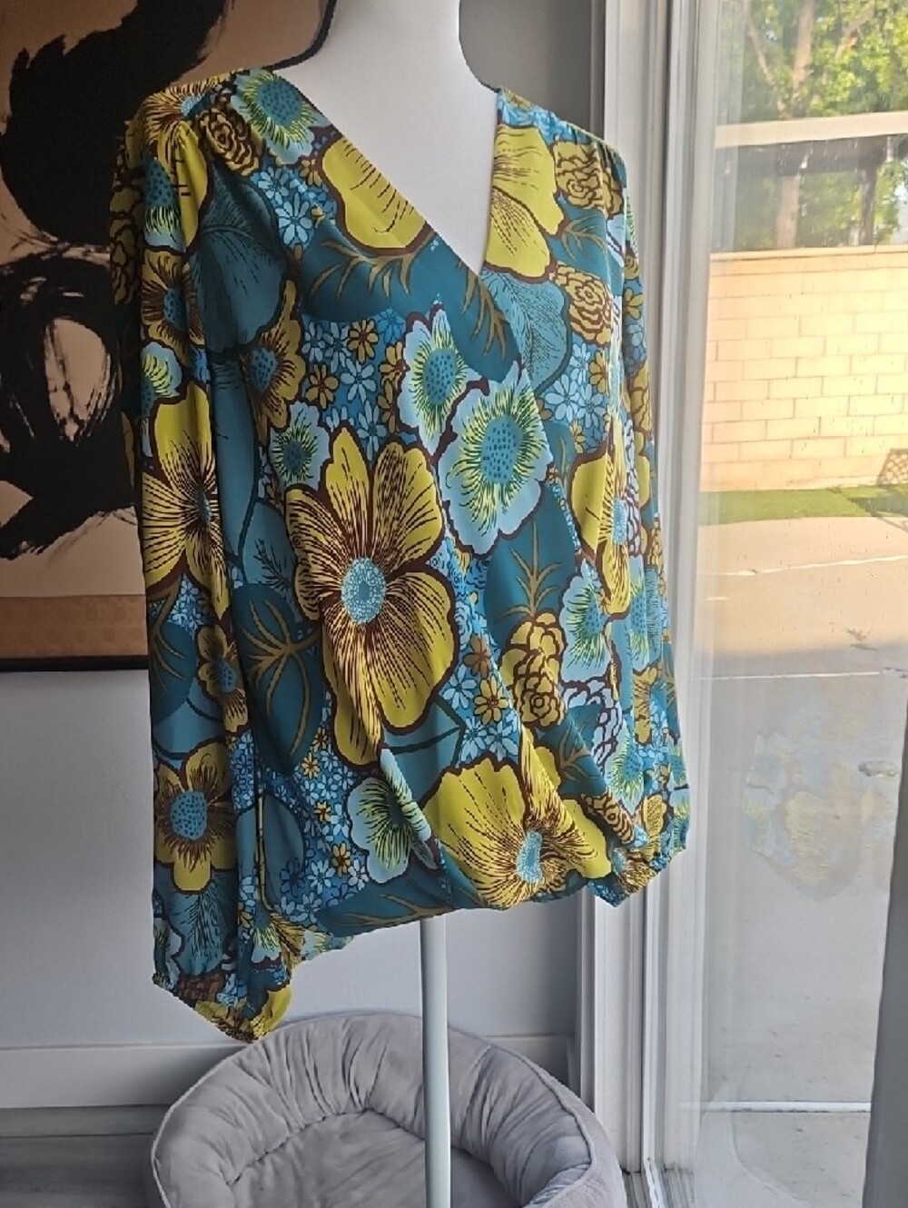 INC International Concepts Teal Floral Wrap-Style Top Surplice L